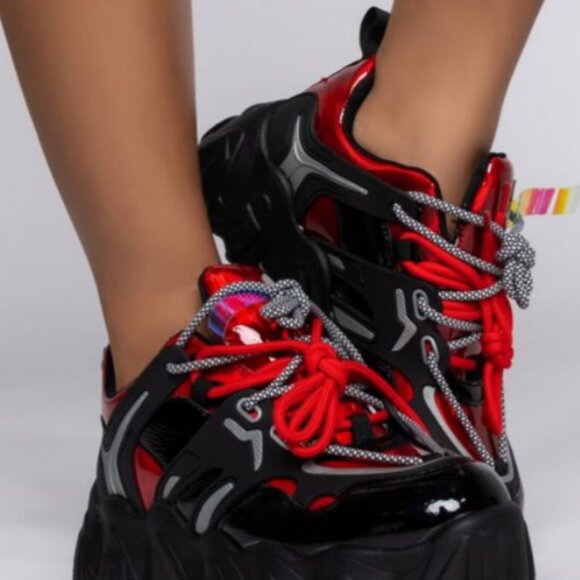 AZALEA WANG HIGH ON YOU FLATFORM SNEAKER IN RED - Picture 1 of 7